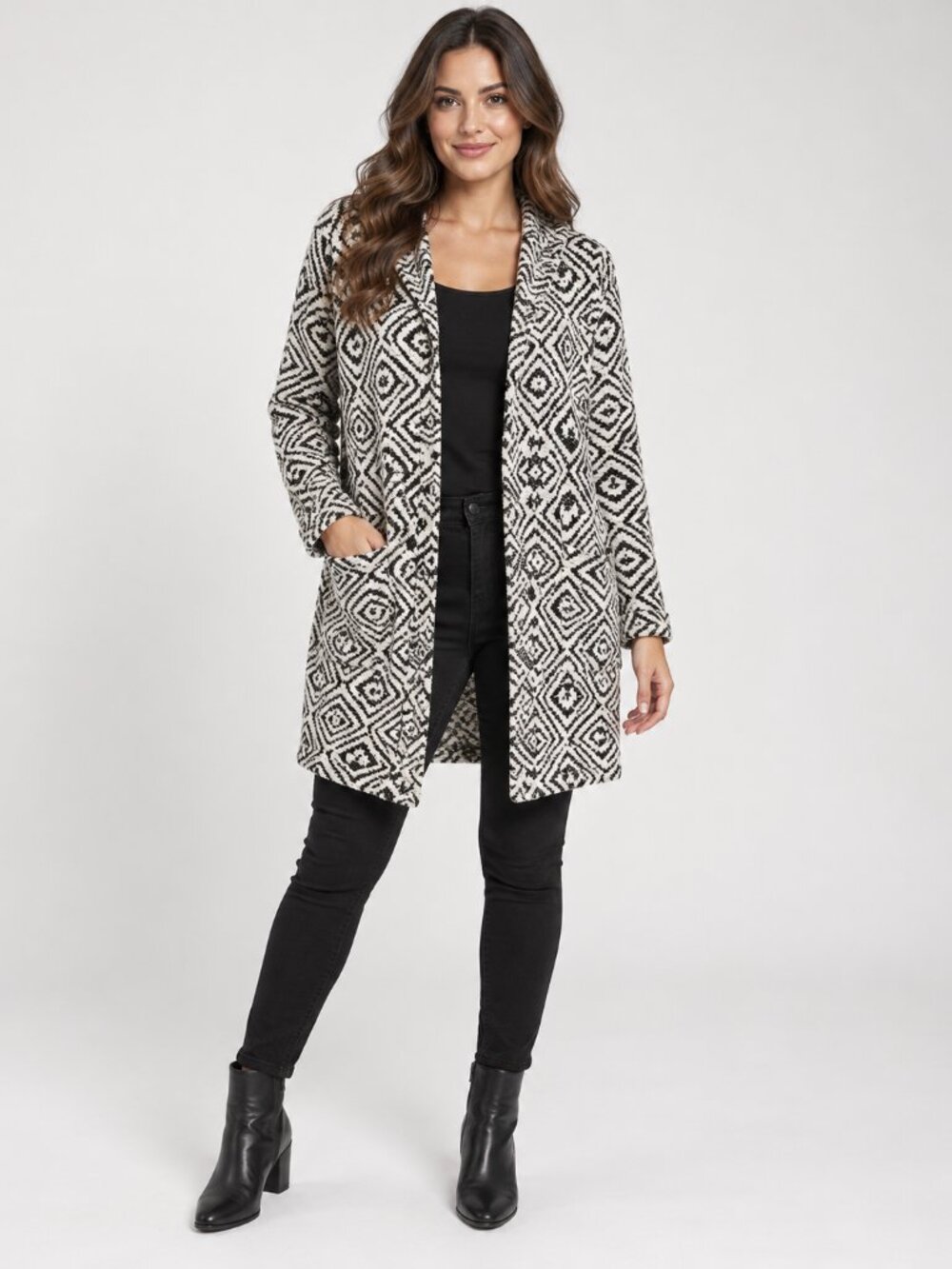 Daniel Rainn 1X Black Ivory Geometric Hooded Open Front Long Cardigan Duster